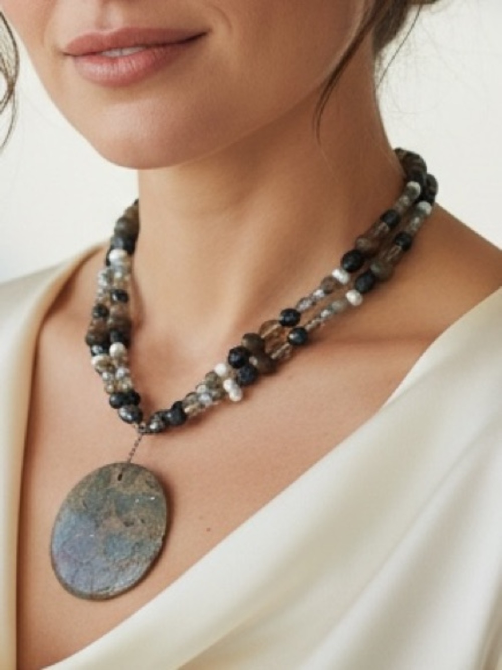 VINTAGE BOHO TWO-STRAND BEADED CHOKER NECKLACE Round Stone Pendant